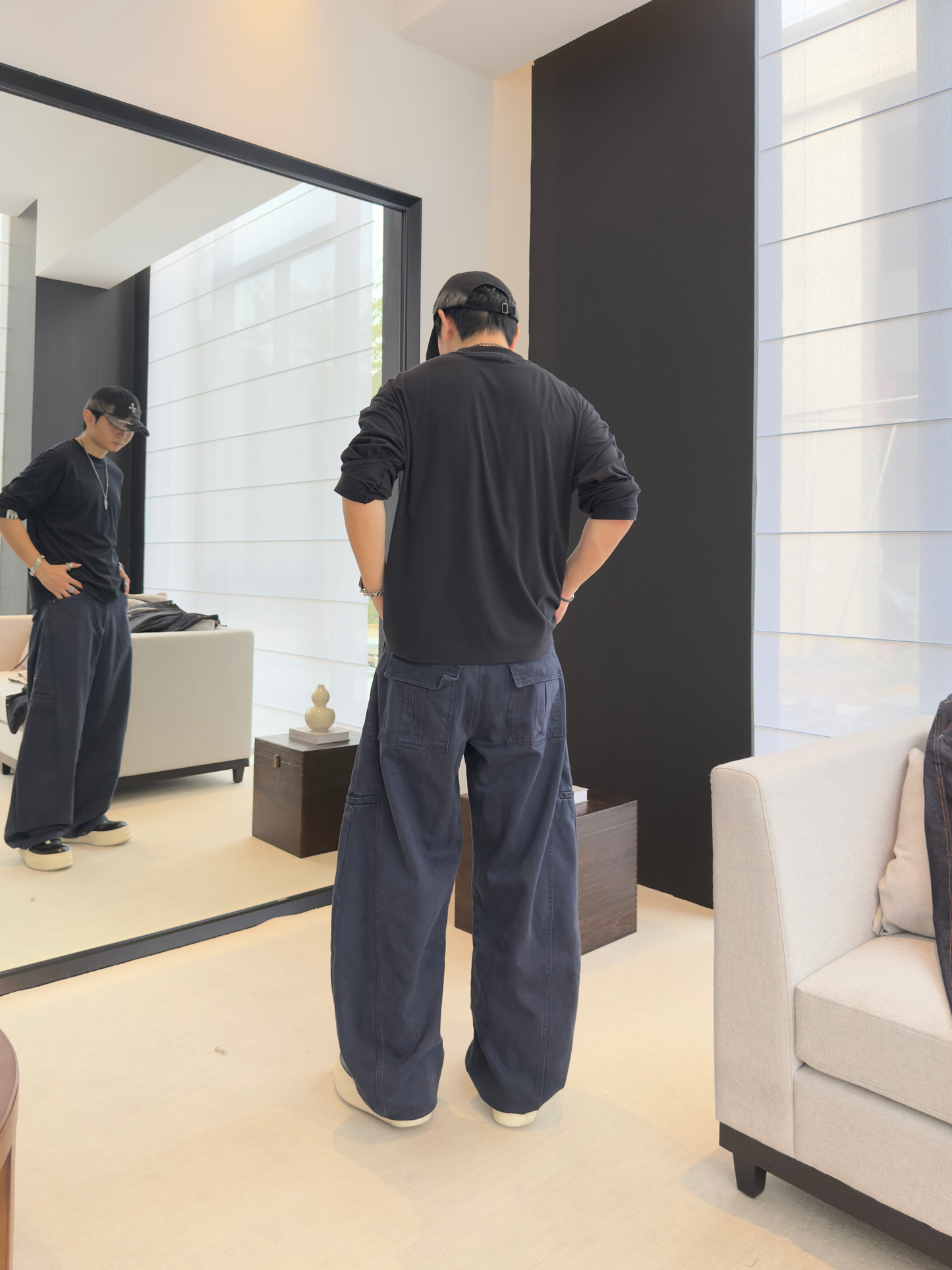 Grey Blue Cargo Curved Pants