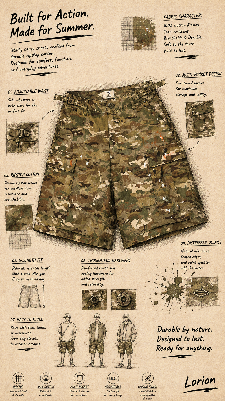BATTLE WORN CAMO SHORTS