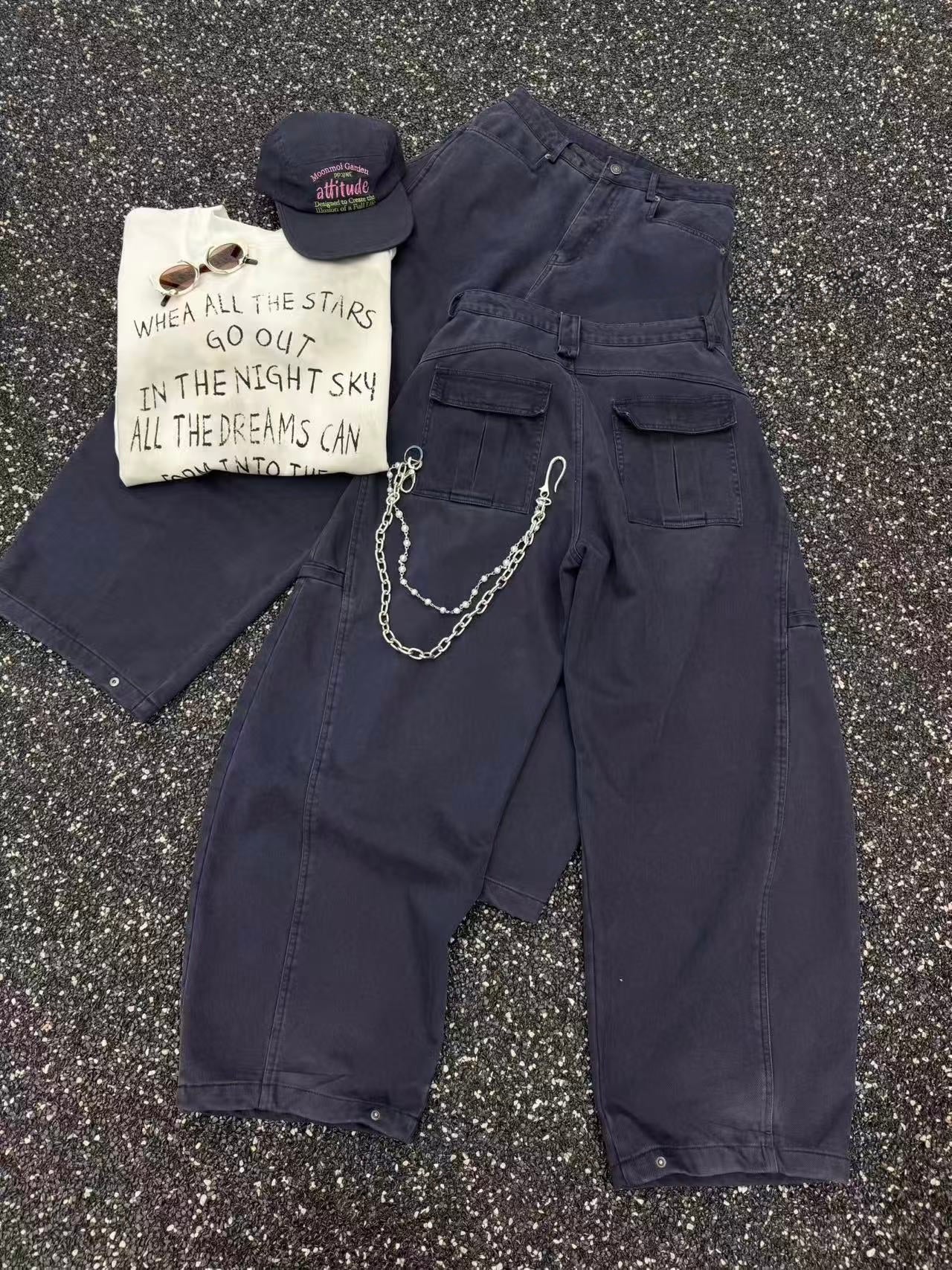 Grey Blue Cargo Curved Pants